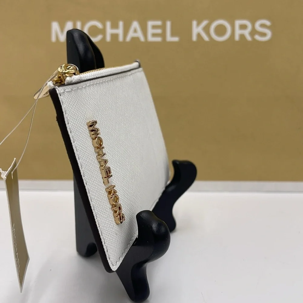 Michael Kors Jet Set Travel Medium Leather Zip Around Card Case Optic White NWT